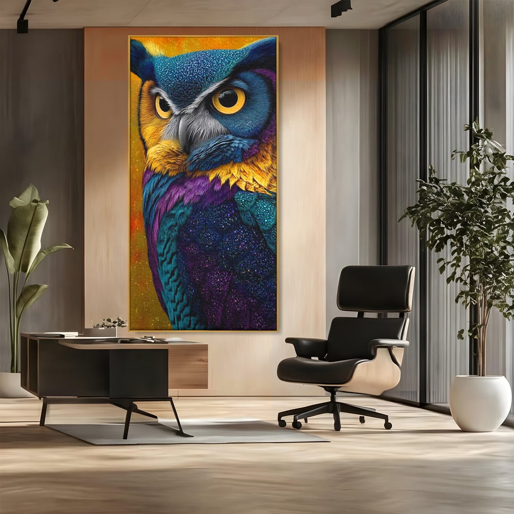 Leinwand Wandkunst Canvas Wall Art Premium, LuxCanva® M1511, Nachtflügel, Eule, Vogel, Vogelfeder, golden, nachtaktiv, geheimnisvoll, leuchtende Farben, Schlafzimmer, Büro, Wohnzimmer, Kinderzimmer