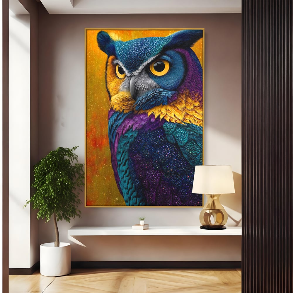 Leinwand Wandkunst Canvas Wall Art Premium, LuxCanva® M1511, Nachtflügel, Eule, Vogel, Vogelfeder, golden, nachtaktiv, geheimnisvoll, leuchtende Farben, Schlafzimmer, Büro, Wohnzimmer, Kinderzimmer