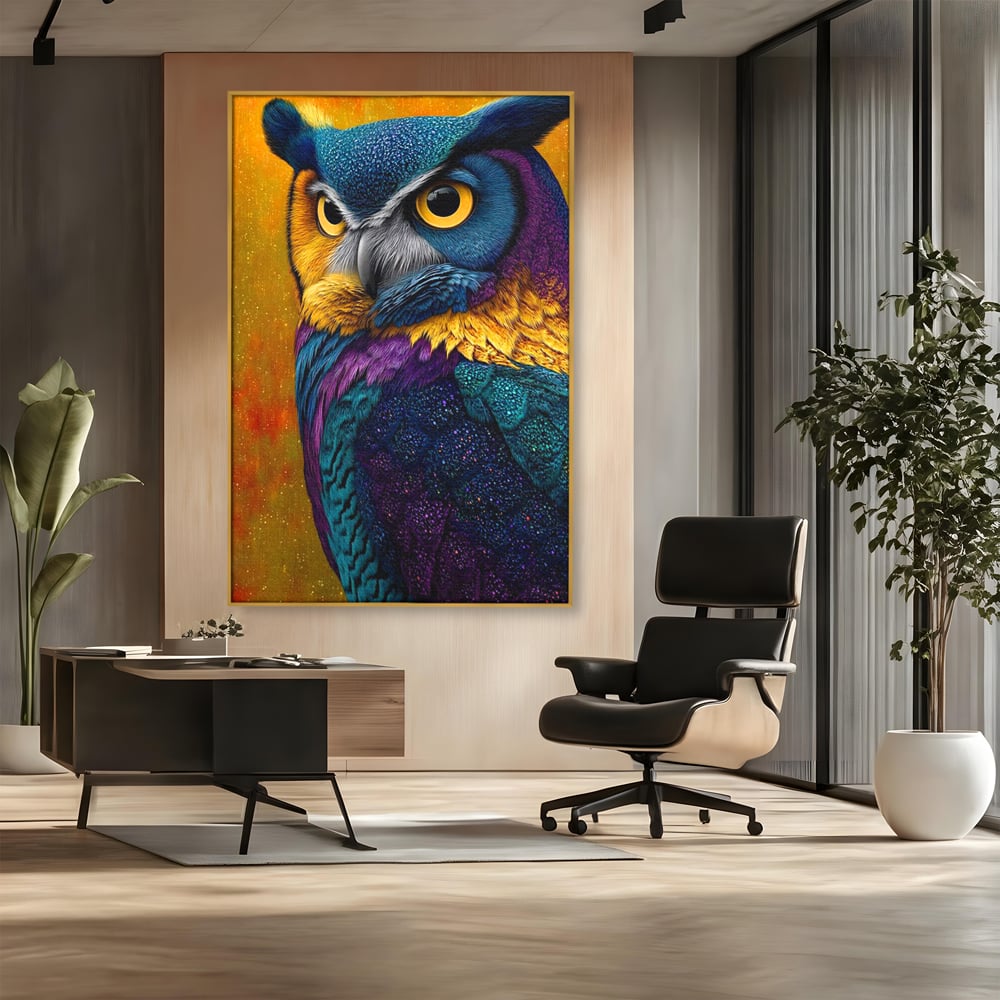 Leinwand Wandkunst Canvas Wall Art Premium, LuxCanva® M1511, Nachtflügel, Eule, Vogel, Vogelfeder, golden, nachtaktiv, geheimnisvoll, leuchtende Farben, Schlafzimmer, Büro, Wohnzimmer, Kinderzimmer