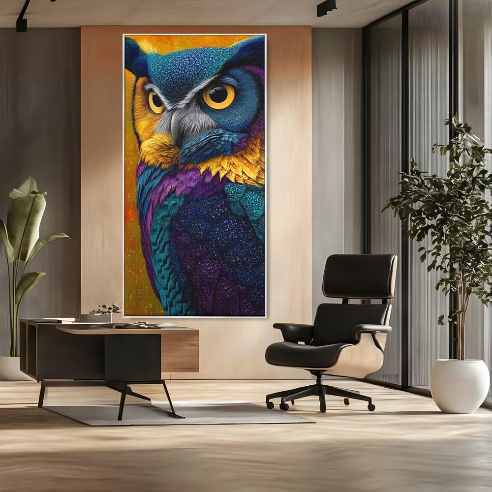 Leinwand Wandkunst Canvas Wall Art Premium, LuxCanva® M1511, Nachtflügel, Eule, Vogel, Vogelfeder, golden, nachtaktiv, geheimnisvoll, leuchtende Farben, Schlafzimmer, Büro, Wohnzimmer, Kinderzimmer