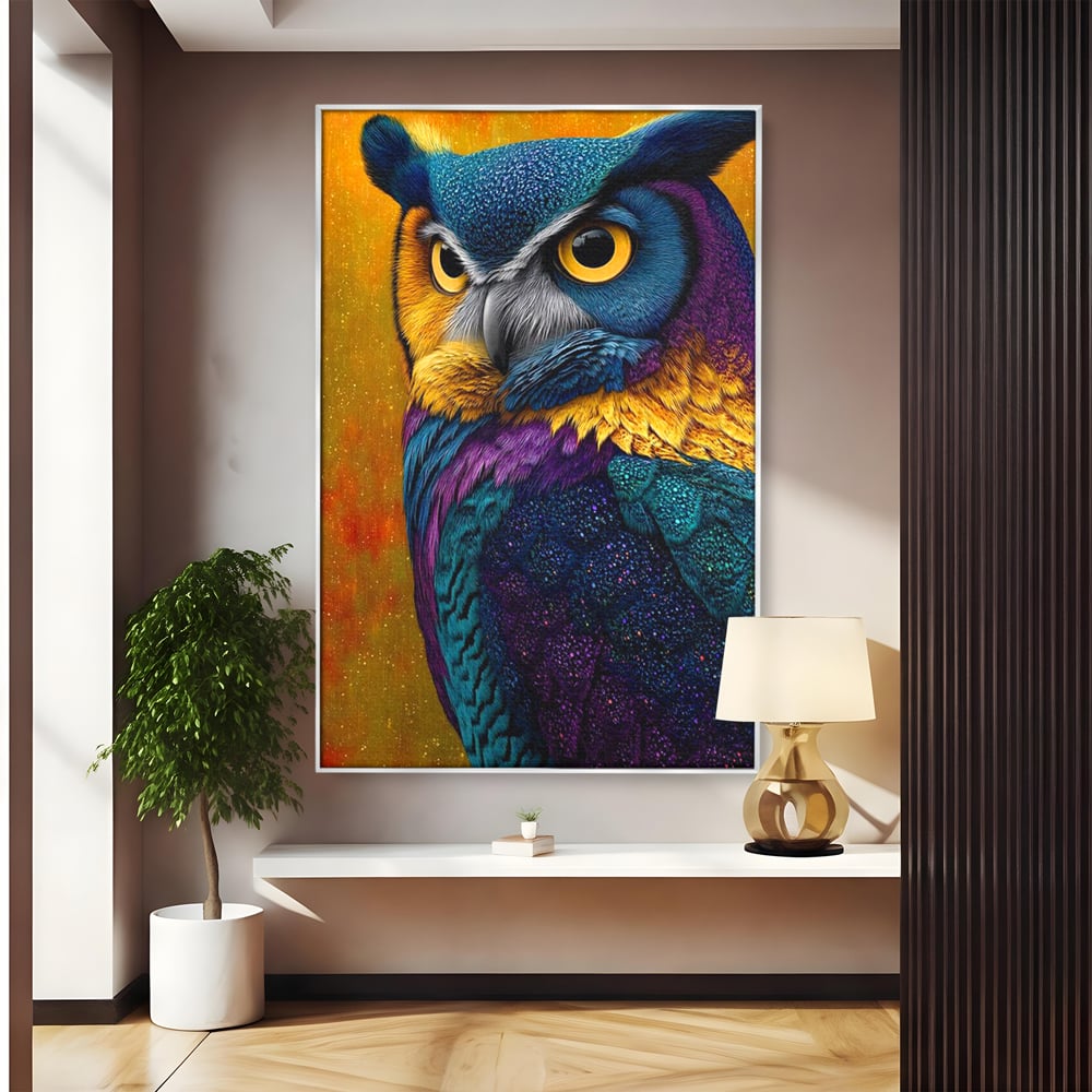 Leinwand Wandkunst Canvas Wall Art Premium, LuxCanva® M1511, Nachtflügel, Eule, Vogel, Vogelfeder, golden, nachtaktiv, geheimnisvoll, leuchtende Farben, Schlafzimmer, Büro, Wohnzimmer, Kinderzimmer