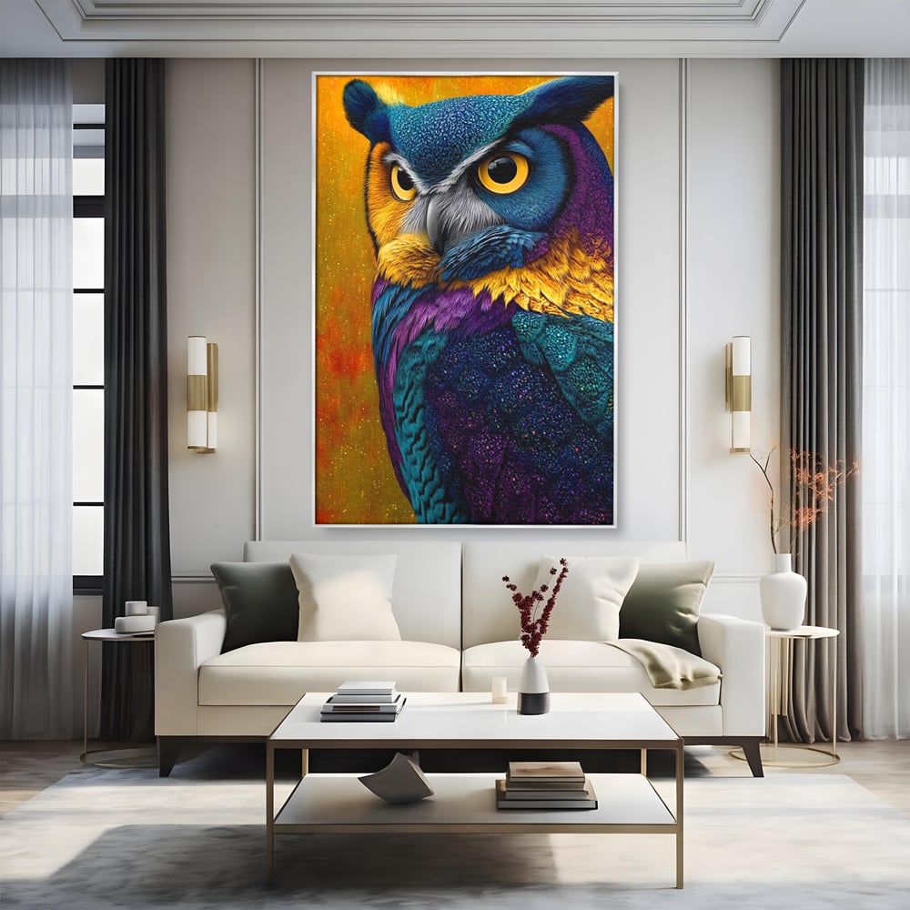 Leinwand Wandkunst Canvas Wall Art Premium, LuxCanva® M1511, Nachtflügel, Eule, Vogel, Vogelfeder, golden, nachtaktiv, geheimnisvoll, leuchtende Farben, Schlafzimmer, Büro, Wohnzimmer, Kinderzimmer