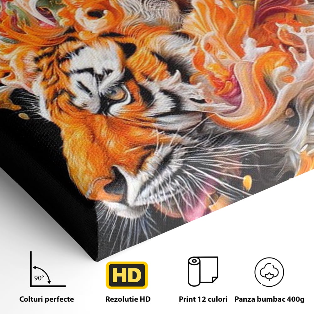Leinwand Wandkunst Canvas Premium, LuxCanva® M1512, Orange Fury, Tiger, Tier, Tier, Feline, Obst, Orange, Blumen, Küche, Schlafzimmer, Büro, Wohnzimmer, Wohnzimmer, Kinderzimmer
