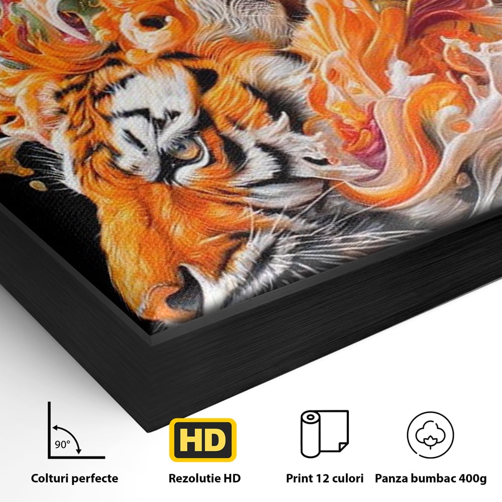 Leinwand Wandkunst Canvas Premium, LuxCanva® M1512, Orange Fury, Tiger, Tier, Tier, Feline, Obst, Orange, Blumen, Küche, Schlafzimmer, Büro, Wohnzimmer, Wohnzimmer, Kinderzimmer