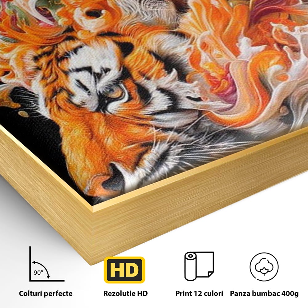 Leinwand Wandkunst Canvas Premium, LuxCanva® M1512, Orange Fury, Tiger, Tier, Tier, Feline, Obst, Orange, Blumen, Küche, Schlafzimmer, Büro, Wohnzimmer, Wohnzimmer, Kinderzimmer