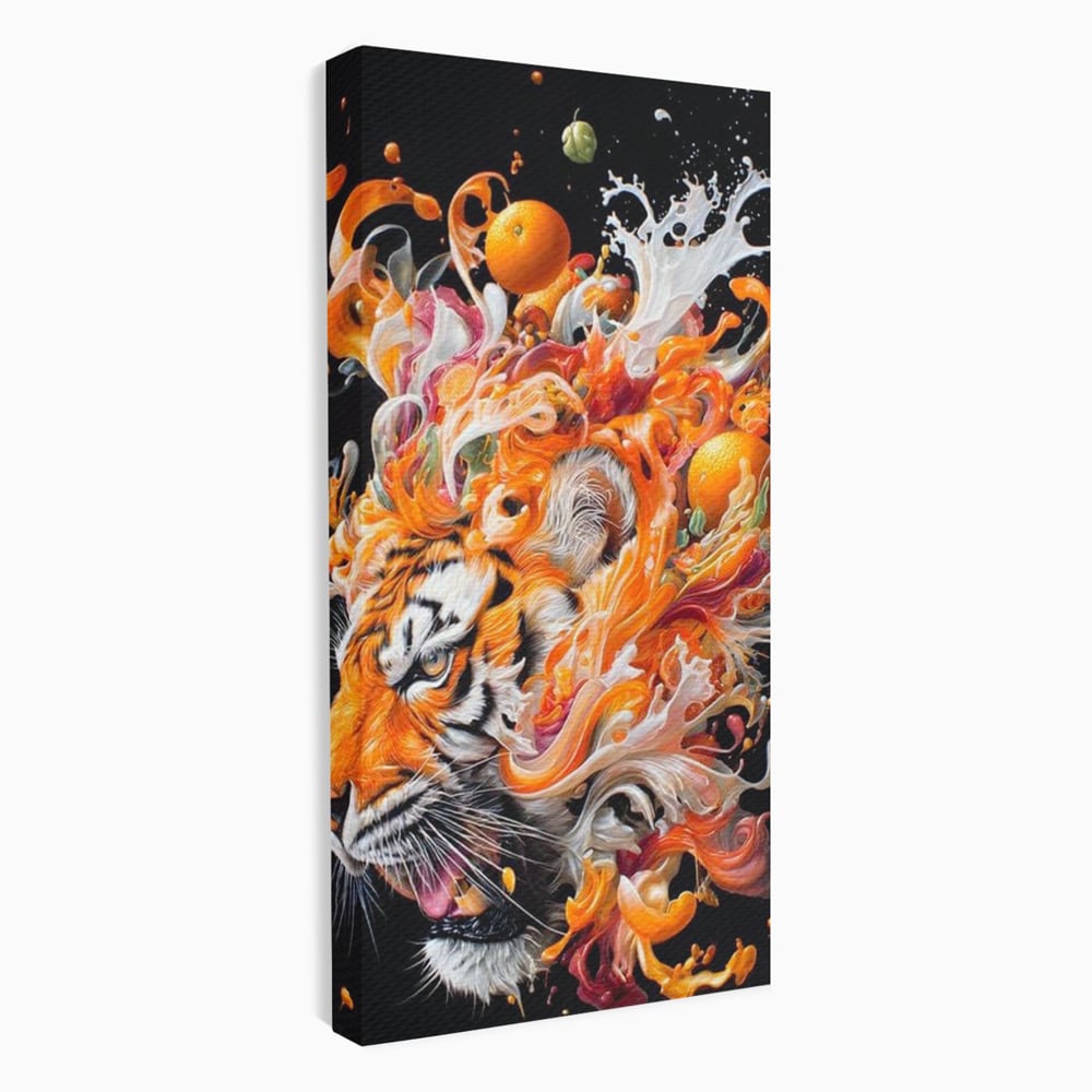 Leinwand Wandkunst Canvas Premium, LuxCanva® M1512, Orange Fury, Tiger, Tier, Tier, Feline, Obst, Orange, Blumen, Küche, Schlafzimmer, Büro, Wohnzimmer, Wohnzimmer, Kinderzimmer