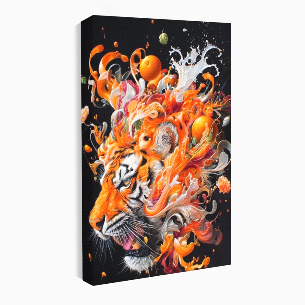 Leinwand Wandkunst Canvas Premium, LuxCanva® M1512, Orange Fury, Tiger, Tier, Tier, Feline, Obst, Orange, Blumen, Küche, Schlafzimmer, Büro, Wohnzimmer, Wohnzimmer, Kinderzimmer