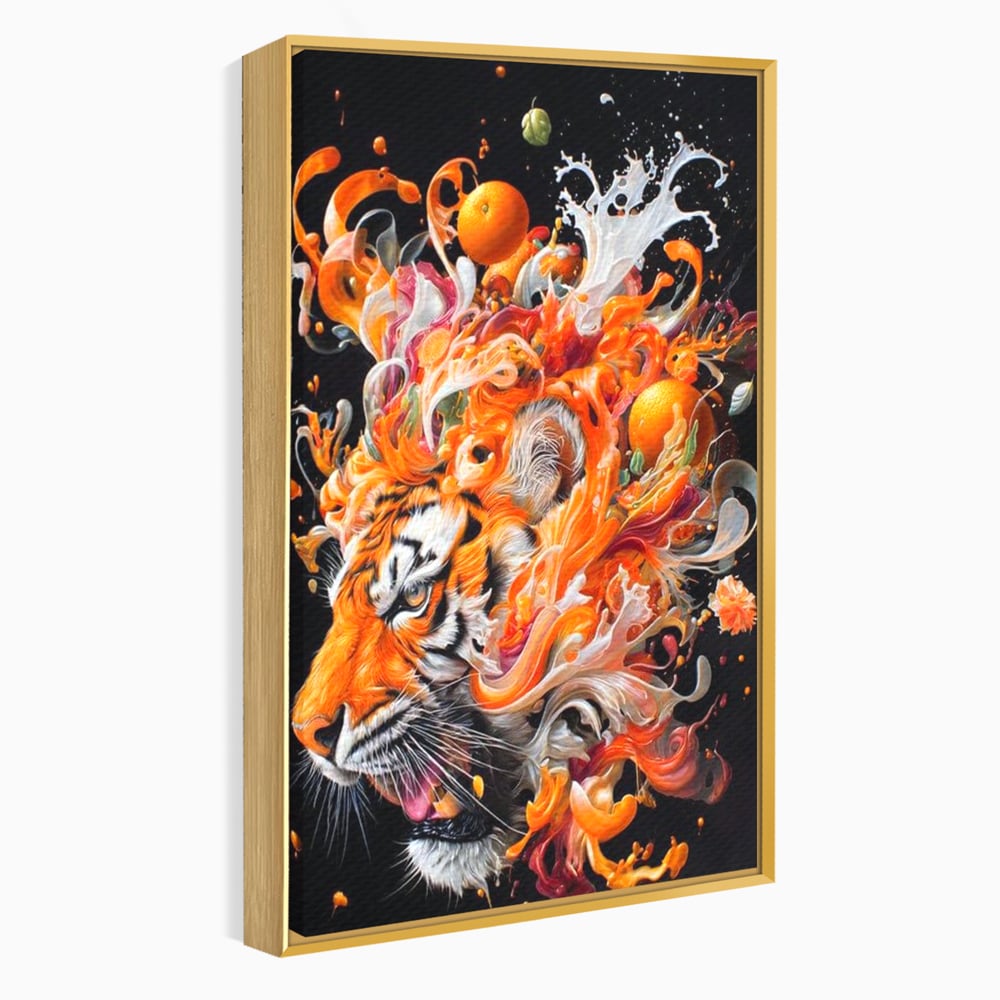 Leinwand Wandkunst Canvas Premium, LuxCanva® M1512, Orange Fury, Tiger, Tier, Tier, Feline, Obst, Orange, Blumen, Küche, Schlafzimmer, Büro, Wohnzimmer, Wohnzimmer, Kinderzimmer