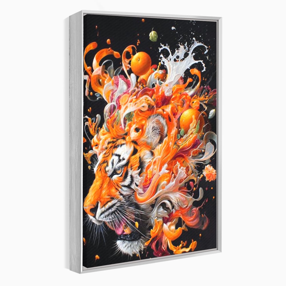 Leinwand Wandkunst Canvas Premium, LuxCanva® M1512, Orange Fury, Tiger, Tier, Tier, Feline, Obst, Orange, Blumen, Küche, Schlafzimmer, Büro, Wohnzimmer, Wohnzimmer, Kinderzimmer