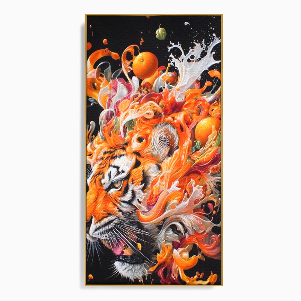 Leinwand Wandkunst Canvas Premium, LuxCanva® M1512, Orange Fury, Tiger, Tier, Tier, Feline, Obst, Orange, Blumen, Küche, Schlafzimmer, Büro, Wohnzimmer, Wohnzimmer, Kinderzimmer