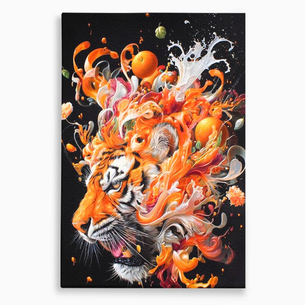 Leinwand Wandkunst Canvas Premium, LuxCanva® M1512, Orange Fury, Tiger, Tier, Tier, Feline, Obst, Orange, Blumen, Küche, Schlafzimmer, Büro, Wohnzimmer, Wohnzimmer, Kinderzimmer