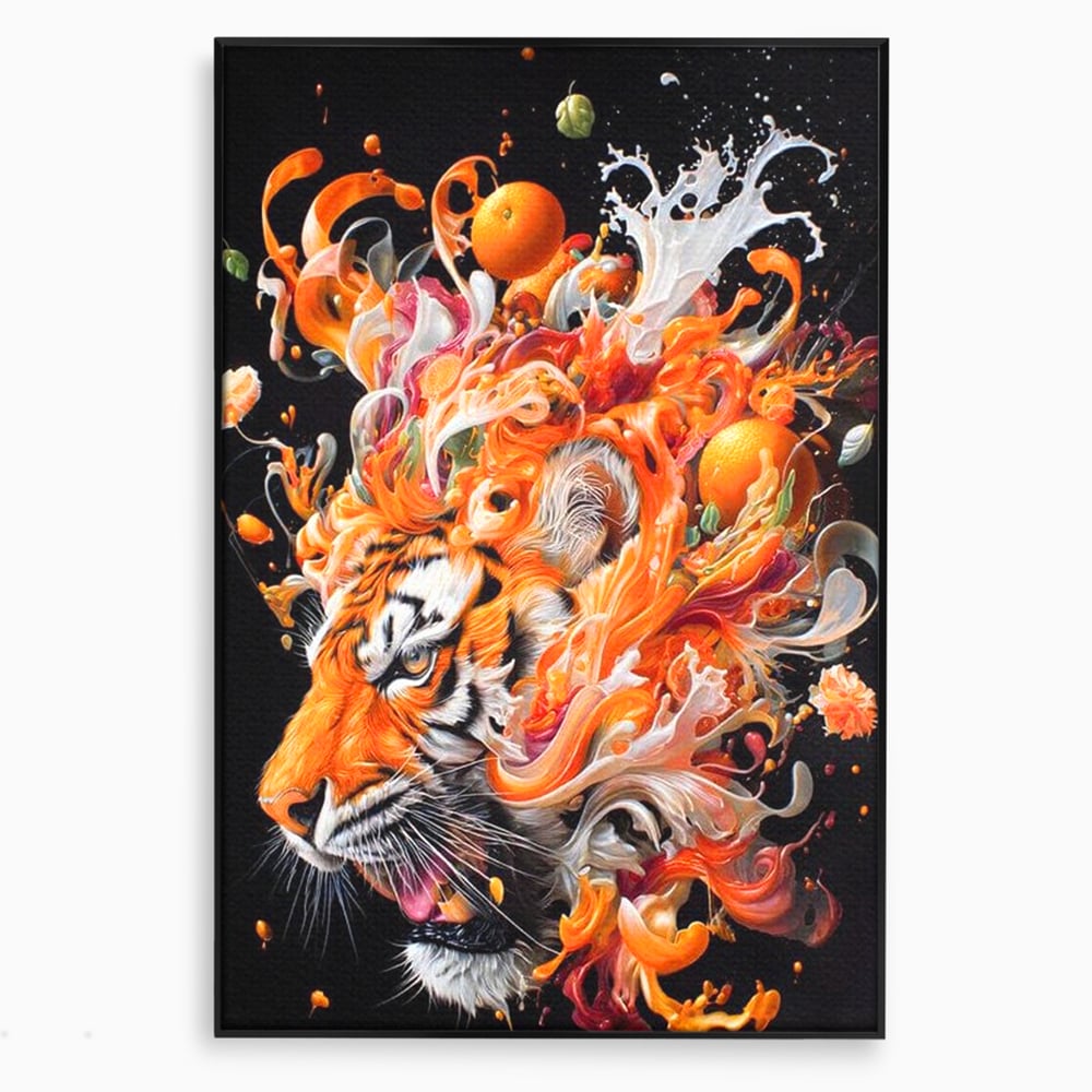 Leinwand Wandkunst Canvas Premium, LuxCanva® M1512, Orange Fury, Tiger, Tier, Tier, Feline, Obst, Orange, Blumen, Küche, Schlafzimmer, Büro, Wohnzimmer, Wohnzimmer, Kinderzimmer
