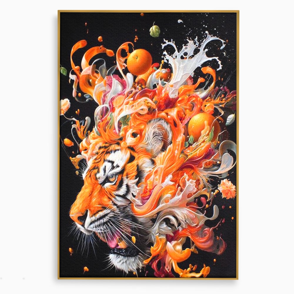 Leinwand Wandkunst Canvas Premium, LuxCanva® M1512, Orange Fury, Tiger, Tier, Tier, Feline, Obst, Orange, Blumen, Küche, Schlafzimmer, Büro, Wohnzimmer, Wohnzimmer, Kinderzimmer