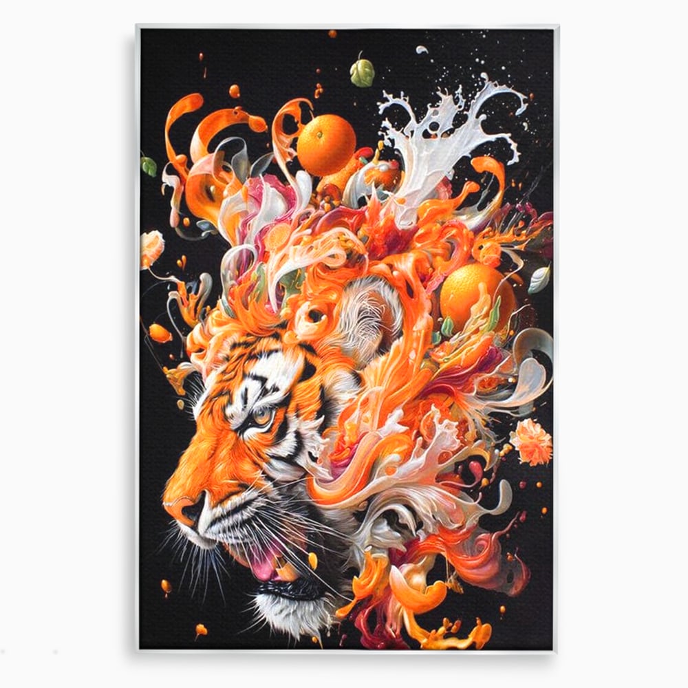 Leinwand Wandkunst Canvas Premium, LuxCanva® M1512, Orange Fury, Tiger, Tier, Tier, Feline, Obst, Orange, Blumen, Küche, Schlafzimmer, Büro, Wohnzimmer, Wohnzimmer, Kinderzimmer