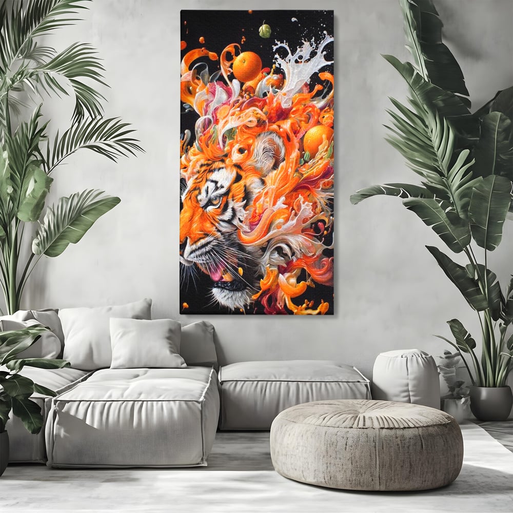 Leinwand Wandkunst Canvas Premium, LuxCanva® M1512, Orange Fury, Tiger, Tier, Tier, Feline, Obst, Orange, Blumen, Küche, Schlafzimmer, Büro, Wohnzimmer, Wohnzimmer, Kinderzimmer