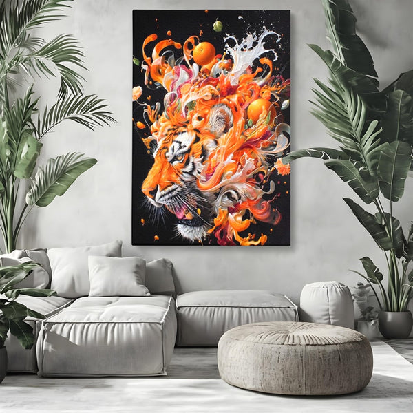 Leinwand Wandkunst Canvas Premium, LuxCanva® M1512, Orange Fury, Tiger, Tier, Tier, Feline, Obst, Orange, Blumen, Küche, Schlafzimmer, Büro, Wohnzimmer, Wohnzimmer, Kinderzimmer