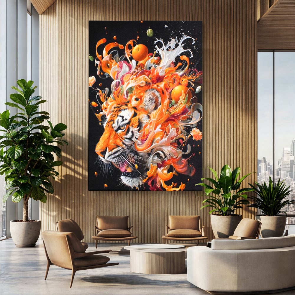 Leinwand Wandkunst Canvas Premium, LuxCanva® M1512, Orange Fury, Tiger, Tier, Tier, Feline, Obst, Orange, Blumen, Küche, Schlafzimmer, Büro, Wohnzimmer, Wohnzimmer, Kinderzimmer