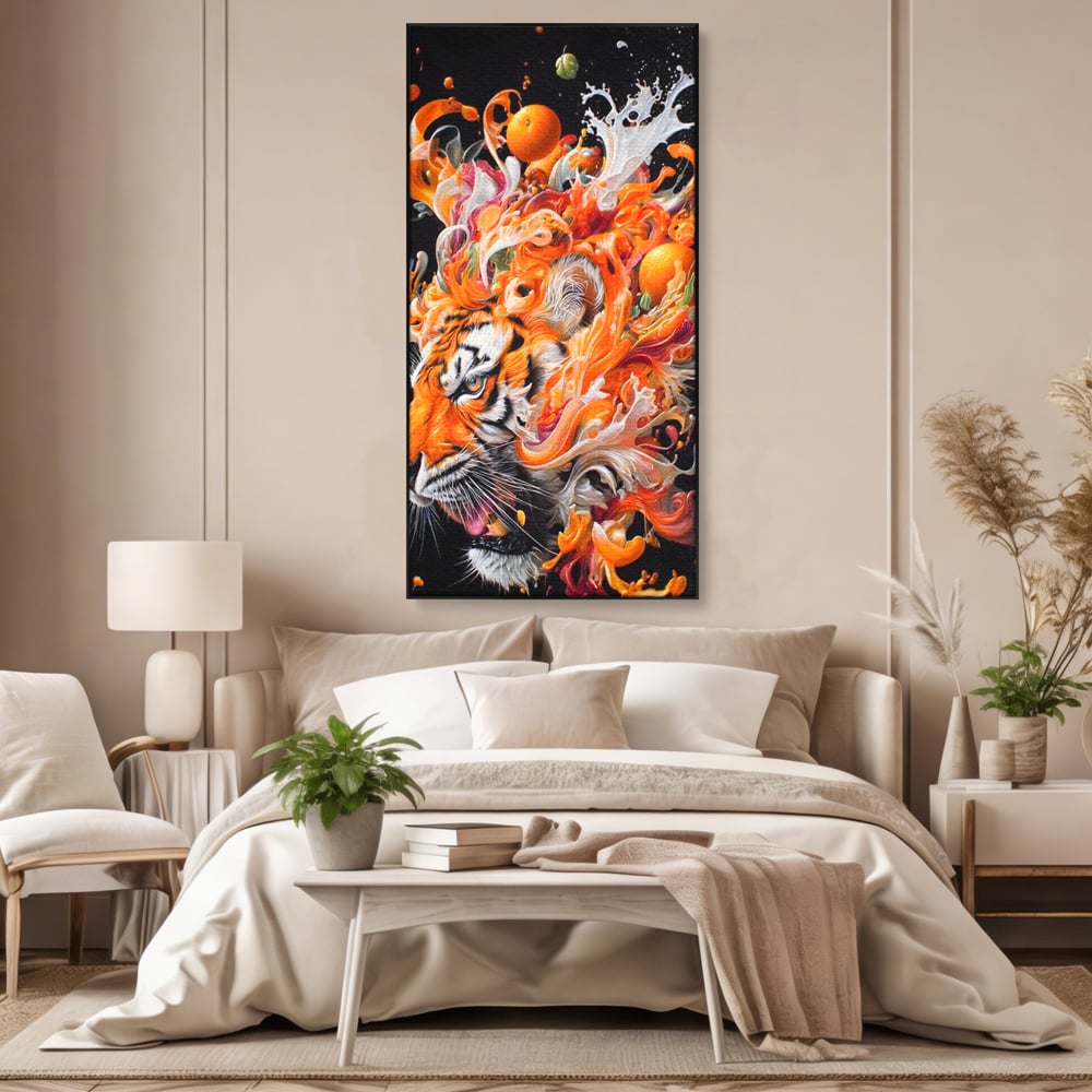 Leinwand Wandkunst Canvas Premium, LuxCanva® M1512, Orange Fury, Tiger, Tier, Tier, Feline, Obst, Orange, Blumen, Küche, Schlafzimmer, Büro, Wohnzimmer, Wohnzimmer, Kinderzimmer