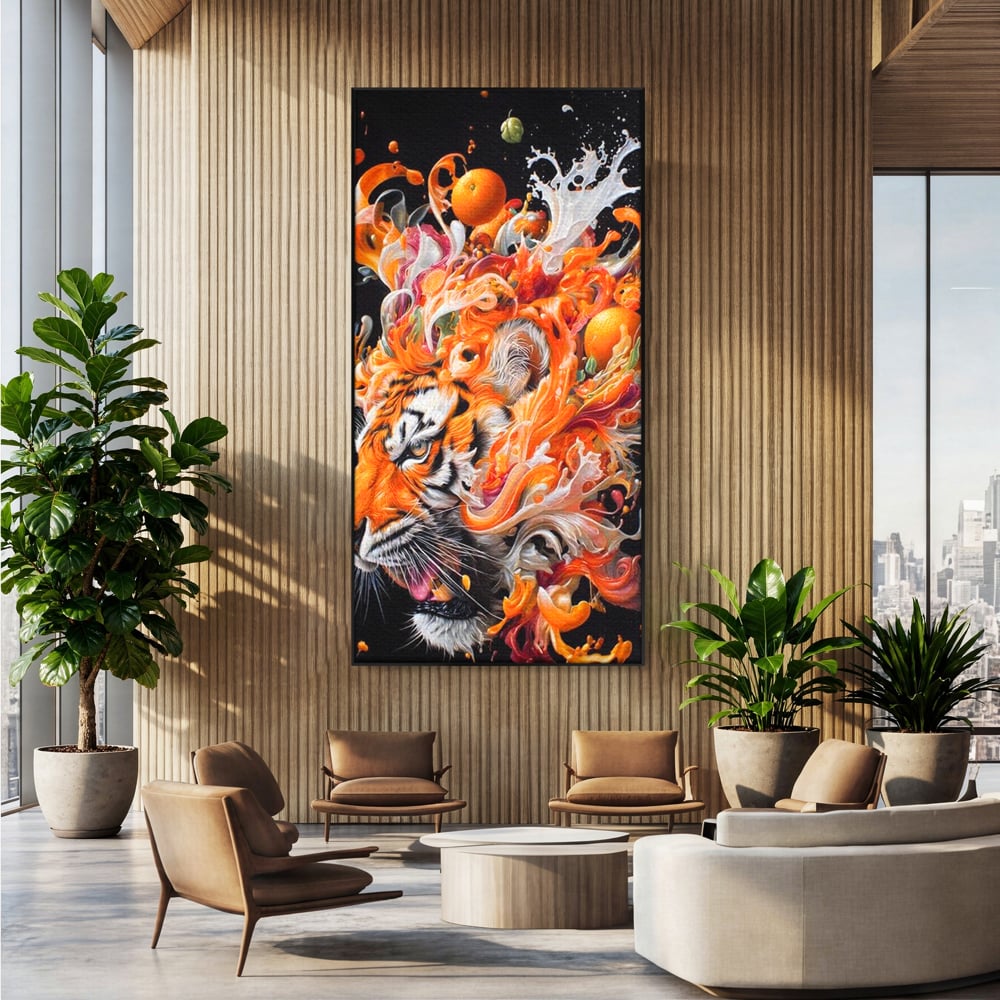 Leinwand Wandkunst Canvas Premium, LuxCanva® M1512, Orange Fury, Tiger, Tier, Tier, Feline, Obst, Orange, Blumen, Küche, Schlafzimmer, Büro, Wohnzimmer, Wohnzimmer, Kinderzimmer