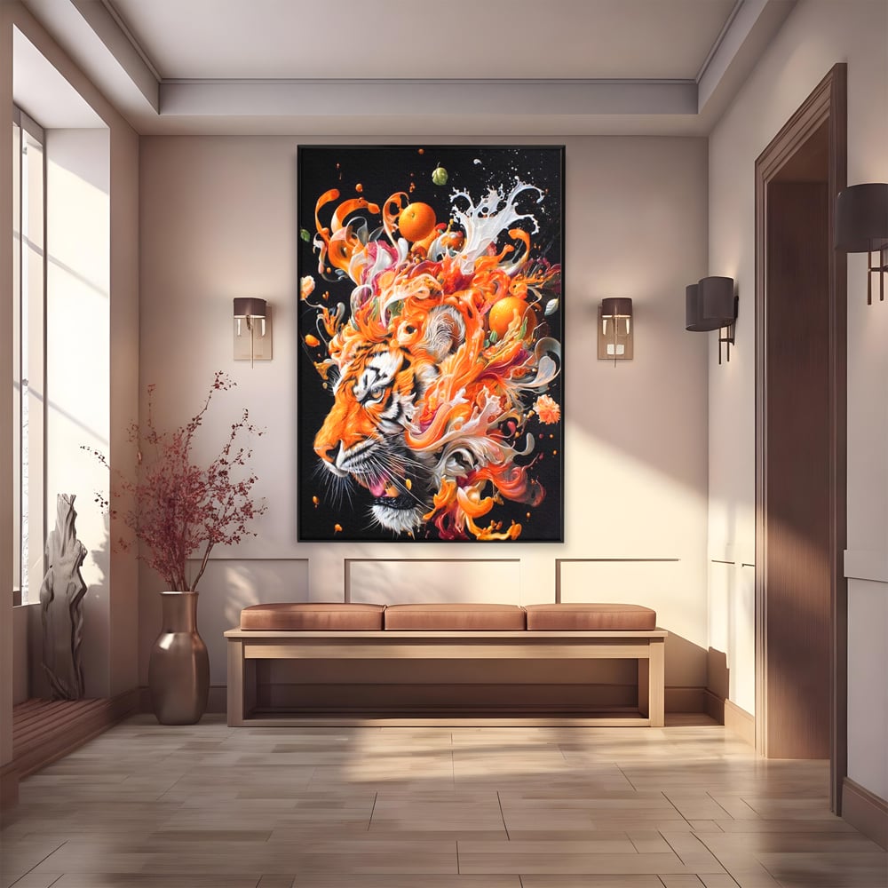 Leinwand Wandkunst Canvas Premium, LuxCanva® M1512, Orange Fury, Tiger, Tier, Tier, Feline, Obst, Orange, Blumen, Küche, Schlafzimmer, Büro, Wohnzimmer, Wohnzimmer, Kinderzimmer