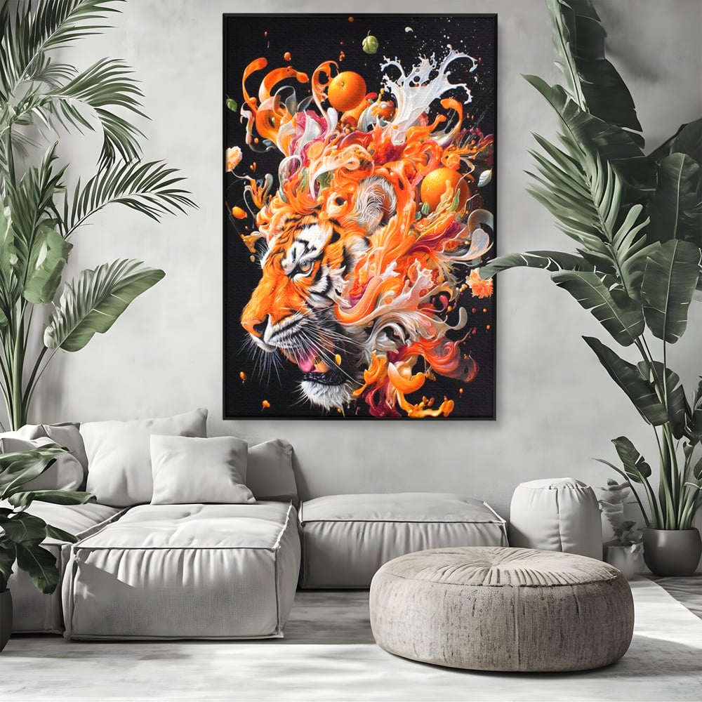 Leinwand Wandkunst Canvas Premium, LuxCanva® M1512, Orange Fury, Tiger, Tier, Tier, Feline, Obst, Orange, Blumen, Küche, Schlafzimmer, Büro, Wohnzimmer, Wohnzimmer, Kinderzimmer