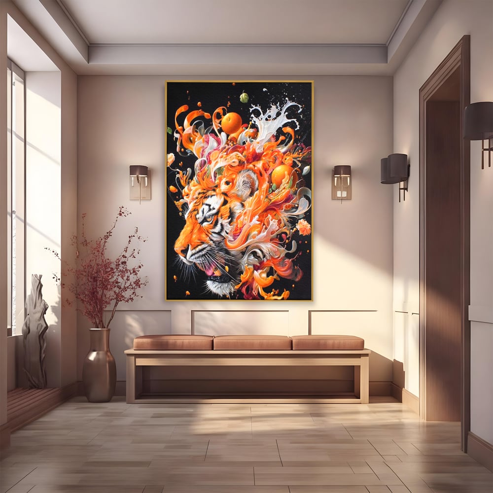 Leinwand Wandkunst Canvas Premium, LuxCanva® M1512, Orange Fury, Tiger, Tier, Tier, Feline, Obst, Orange, Blumen, Küche, Schlafzimmer, Büro, Wohnzimmer, Wohnzimmer, Kinderzimmer