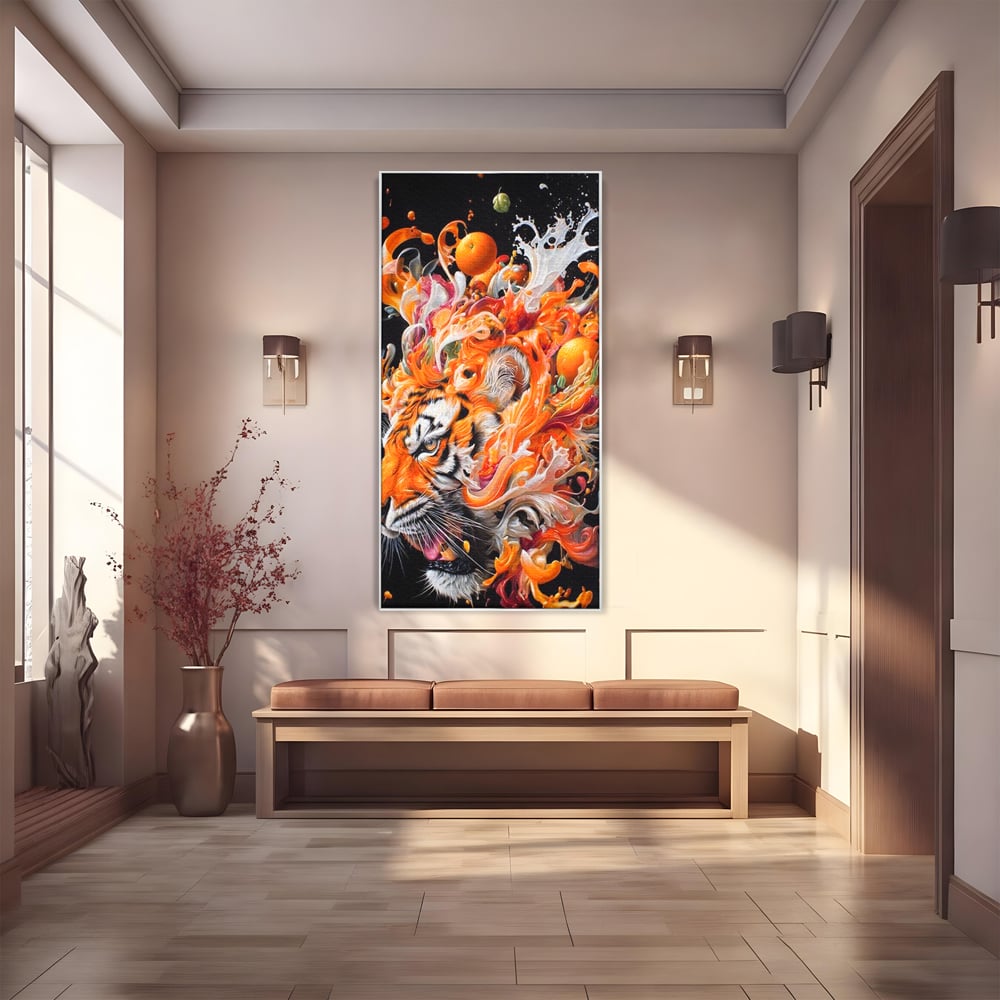Leinwand Wandkunst Canvas Premium, LuxCanva® M1512, Orange Fury, Tiger, Tier, Tier, Feline, Obst, Orange, Blumen, Küche, Schlafzimmer, Büro, Wohnzimmer, Wohnzimmer, Kinderzimmer