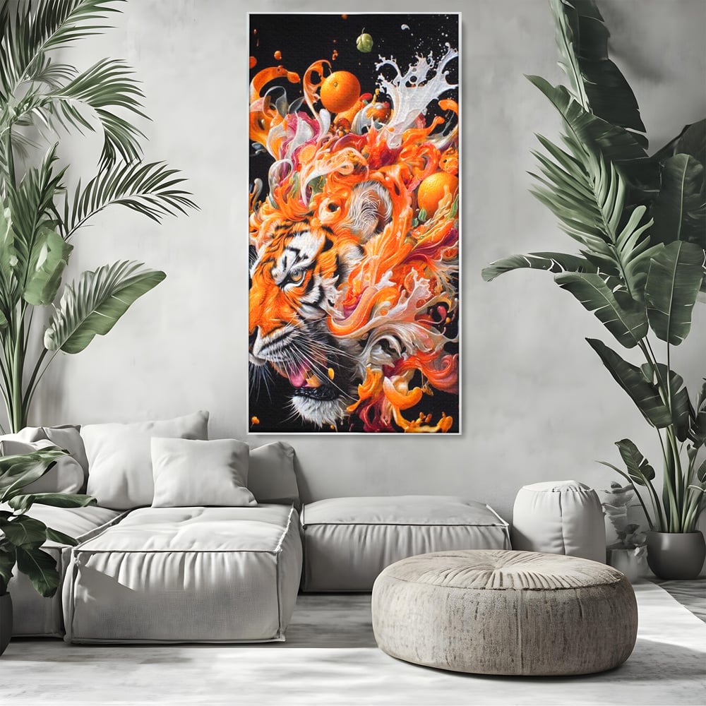 Leinwand Wandkunst Canvas Premium, LuxCanva® M1512, Orange Fury, Tiger, Tier, Tier, Feline, Obst, Orange, Blumen, Küche, Schlafzimmer, Büro, Wohnzimmer, Wohnzimmer, Kinderzimmer