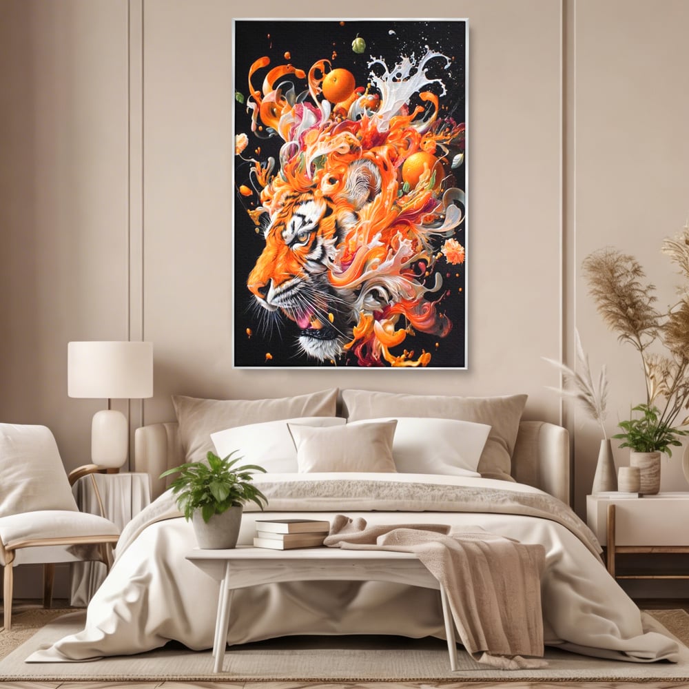 Leinwand Wandkunst Canvas Premium, LuxCanva® M1512, Orange Fury, Tiger, Tier, Tier, Feline, Obst, Orange, Blumen, Küche, Schlafzimmer, Büro, Wohnzimmer, Wohnzimmer, Kinderzimmer