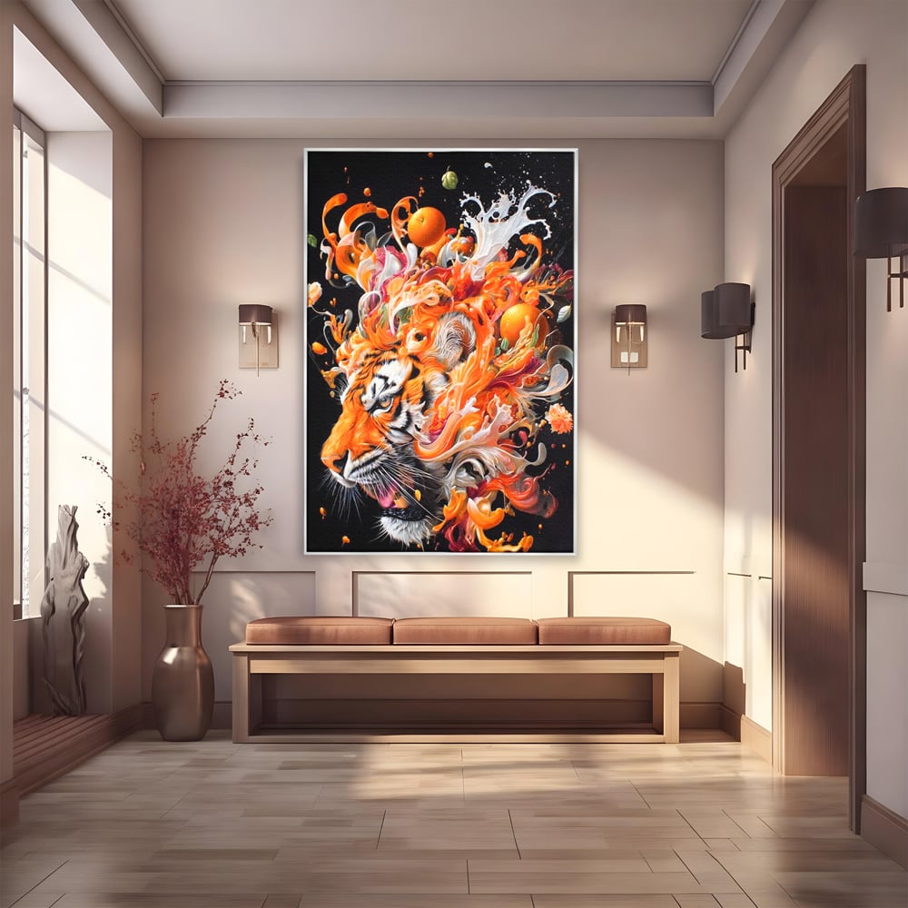 Leinwand Wandkunst Canvas Premium, LuxCanva® M1512, Orange Fury, Tiger, Tier, Tier, Feline, Obst, Orange, Blumen, Küche, Schlafzimmer, Büro, Wohnzimmer, Wohnzimmer, Kinderzimmer
