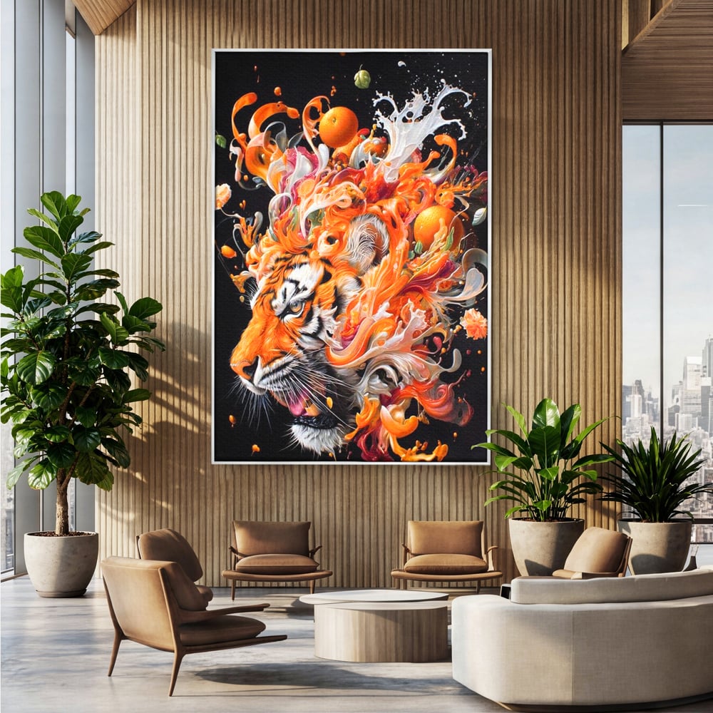 Leinwand Wandkunst Canvas Premium, LuxCanva® M1512, Orange Fury, Tiger, Tier, Tier, Feline, Obst, Orange, Blumen, Küche, Schlafzimmer, Büro, Wohnzimmer, Wohnzimmer, Kinderzimmer