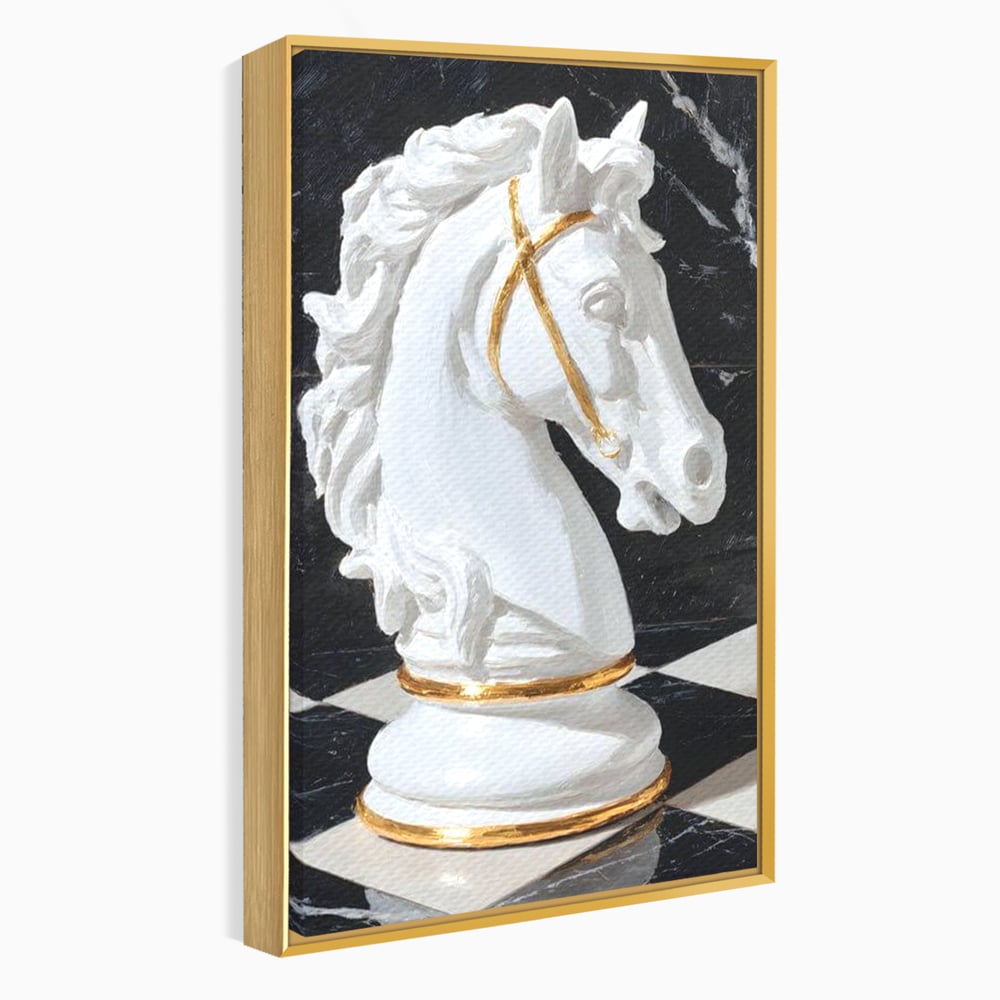 Tablou Canvas Premium, LuxCanva® M1513, O Piesa Nobila, Cal, Piesa, Sah, Joc, Auriu, Statuie, Sculptura, Vintage, Marmura, Dormitor, Birou, Living, Camera Copil
