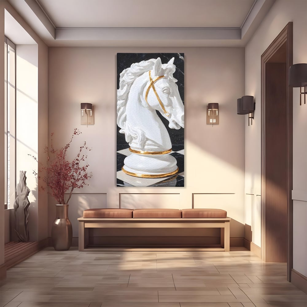 Tablou Canvas Premium, LuxCanva® M1513, O Piesa Nobila, Cal, Piesa, Sah, Joc, Auriu, Statuie, Sculptura, Vintage, Marmura, Dormitor, Birou, Living, Camera Copil