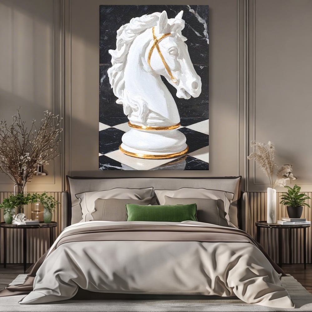 Tablou Canvas Premium, LuxCanva® M1513, O Piesa Nobila, Cal, Piesa, Sah, Joc, Auriu, Statuie, Sculptura, Vintage, Marmura, Dormitor, Birou, Living, Camera Copil