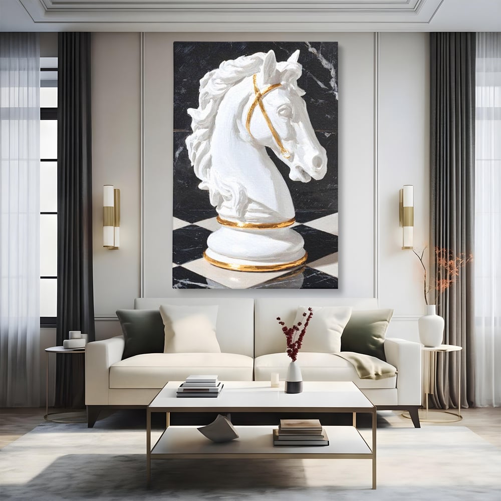 Tablou Canvas Premium, LuxCanva® M1513, O Piesa Nobila, Cal, Piesa, Sah, Joc, Auriu, Statuie, Sculptura, Vintage, Marmura, Dormitor, Birou, Living, Camera Copil