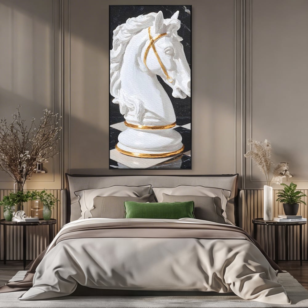 Tablou Canvas Premium, LuxCanva® M1513, O Piesa Nobila, Cal, Piesa, Sah, Joc, Auriu, Statuie, Sculptura, Vintage, Marmura, Dormitor, Birou, Living, Camera Copil