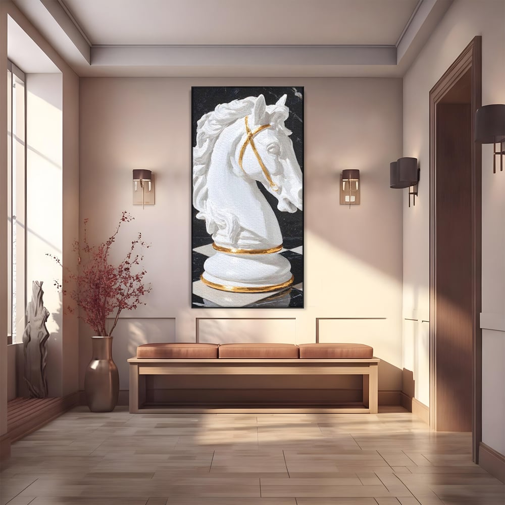 Tablou Canvas Premium, LuxCanva® M1513, O Piesa Nobila, Cal, Piesa, Sah, Joc, Auriu, Statuie, Sculptura, Vintage, Marmura, Dormitor, Birou, Living, Camera Copil