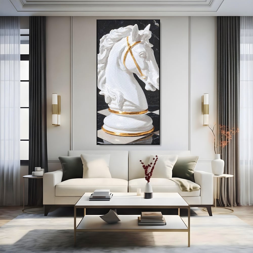 Tablou Canvas Premium, LuxCanva® M1513, O Piesa Nobila, Cal, Piesa, Sah, Joc, Auriu, Statuie, Sculptura, Vintage, Marmura, Dormitor, Birou, Living, Camera Copil