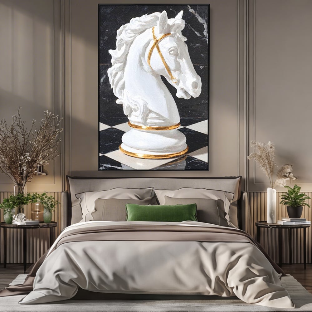 Tablou Canvas Premium, LuxCanva® M1513, O Piesa Nobila, Cal, Piesa, Sah, Joc, Auriu, Statuie, Sculptura, Vintage, Marmura, Dormitor, Birou, Living, Camera Copil