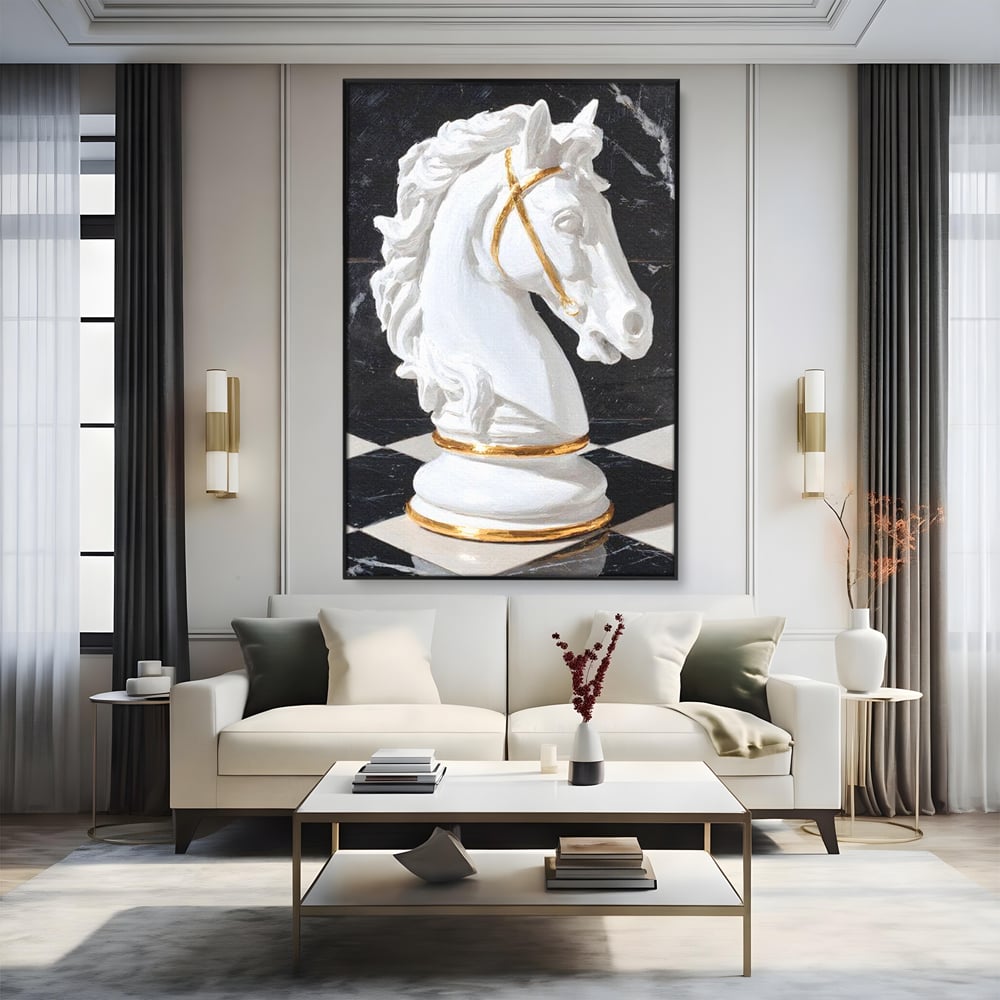 Tablou Canvas Premium, LuxCanva® M1513, O Piesa Nobila, Cal, Piesa, Sah, Joc, Auriu, Statuie, Sculptura, Vintage, Marmura, Dormitor, Birou, Living, Camera Copil