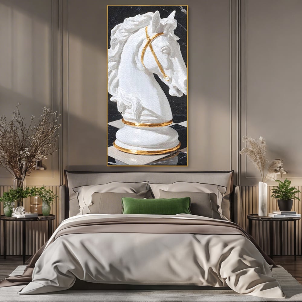 Tablou Canvas Premium, LuxCanva® M1513, O Piesa Nobila, Cal, Piesa, Sah, Joc, Auriu, Statuie, Sculptura, Vintage, Marmura, Dormitor, Birou, Living, Camera Copil
