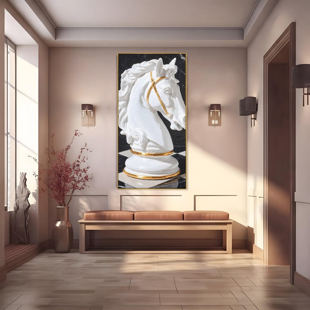 Tablou Canvas Premium, LuxCanva® M1513, O Piesa Nobila, Cal, Piesa, Sah, Joc, Auriu, Statuie, Sculptura, Vintage, Marmura, Dormitor, Birou, Living, Camera Copil