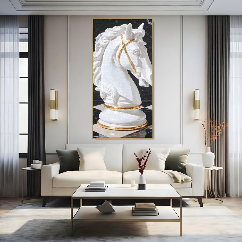 Tablou Canvas Premium, LuxCanva® M1513, O Piesa Nobila, Cal, Piesa, Sah, Joc, Auriu, Statuie, Sculptura, Vintage, Marmura, Dormitor, Birou, Living, Camera Copil