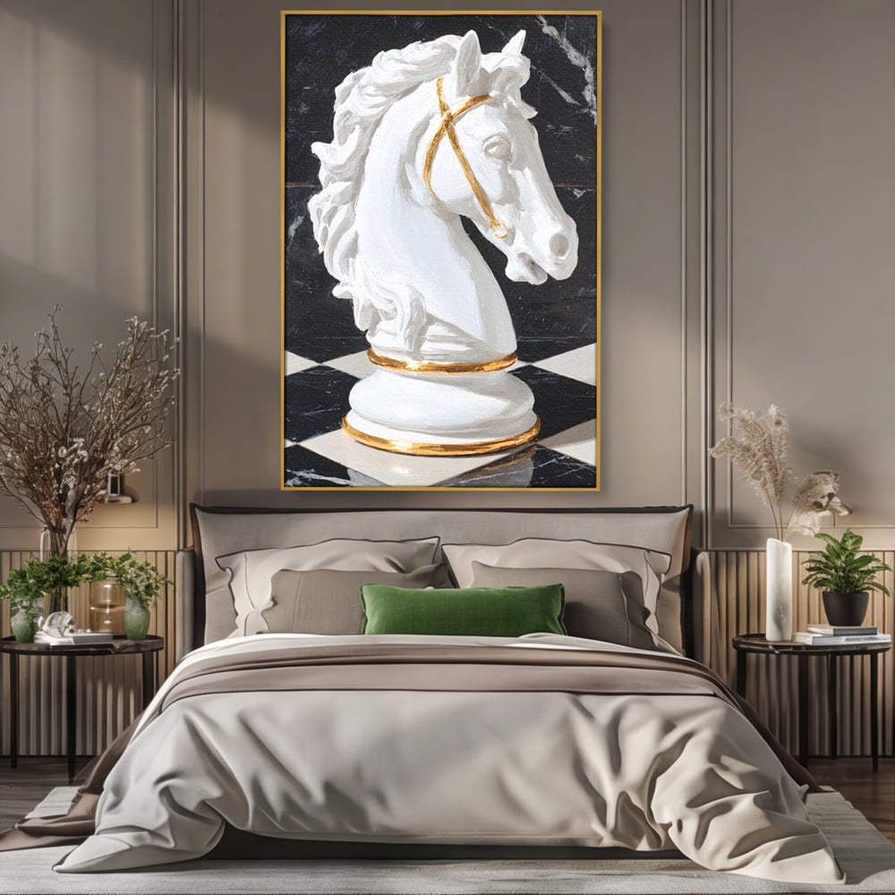 Tablou Canvas Premium, LuxCanva® M1513, O Piesa Nobila, Cal, Piesa, Sah, Joc, Auriu, Statuie, Sculptura, Vintage, Marmura, Dormitor, Birou, Living, Camera Copil