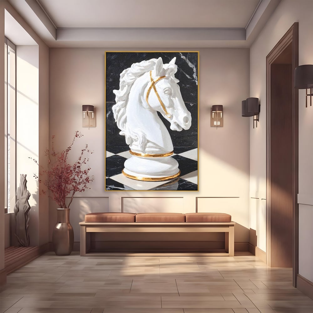 Tablou Canvas Premium, LuxCanva® M1513, O Piesa Nobila, Cal, Piesa, Sah, Joc, Auriu, Statuie, Sculptura, Vintage, Marmura, Dormitor, Birou, Living, Camera Copil