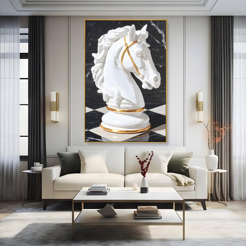 Tablou Canvas Premium, LuxCanva® M1513, O Piesa Nobila, Cal, Piesa, Sah, Joc, Auriu, Statuie, Sculptura, Vintage, Marmura, Dormitor, Birou, Living, Camera Copil