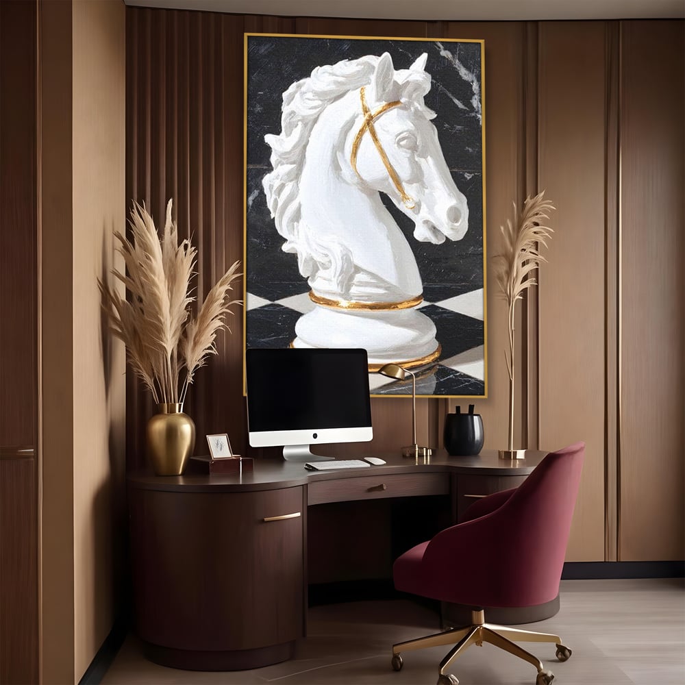 Tablou Canvas Premium, LuxCanva® M1513, O Piesa Nobila, Cal, Piesa, Sah, Joc, Auriu, Statuie, Sculptura, Vintage, Marmura, Dormitor, Birou, Living, Camera Copil
