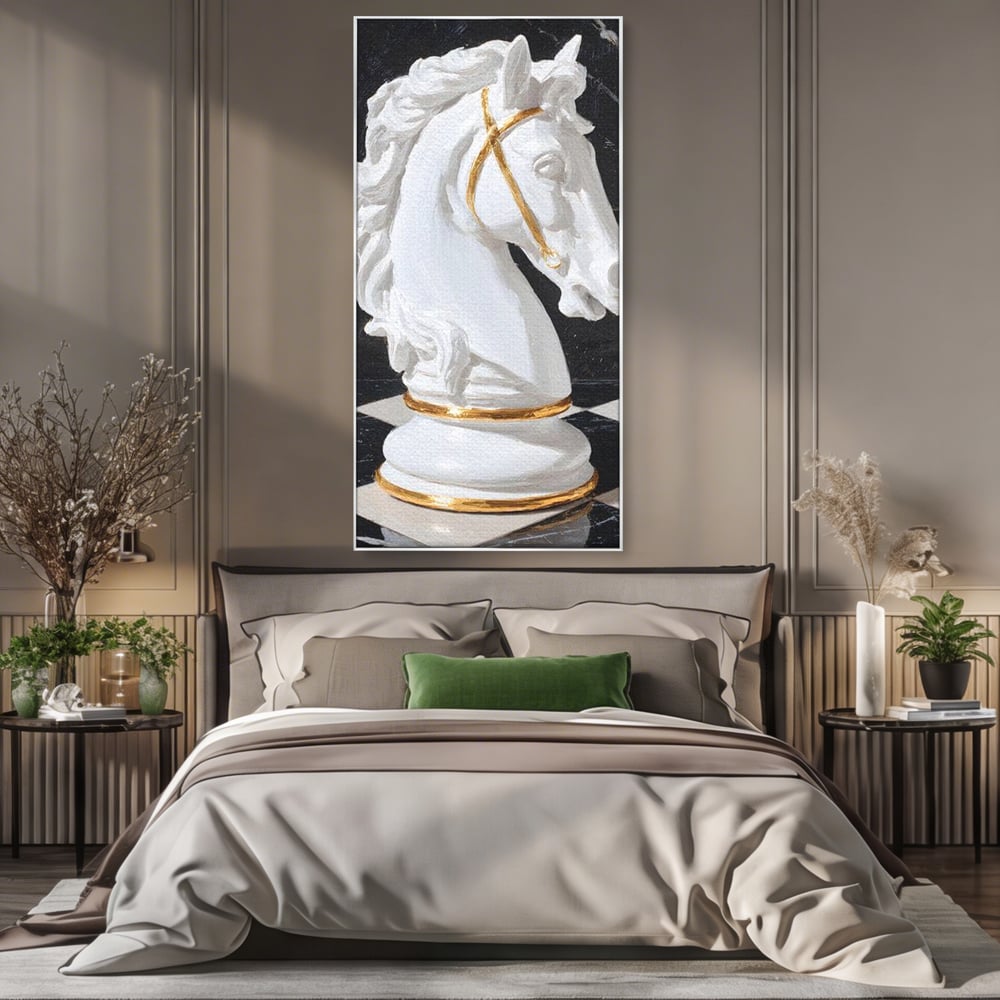Tablou Canvas Premium, LuxCanva® M1513, O Piesa Nobila, Cal, Piesa, Sah, Joc, Auriu, Statuie, Sculptura, Vintage, Marmura, Dormitor, Birou, Living, Camera Copil