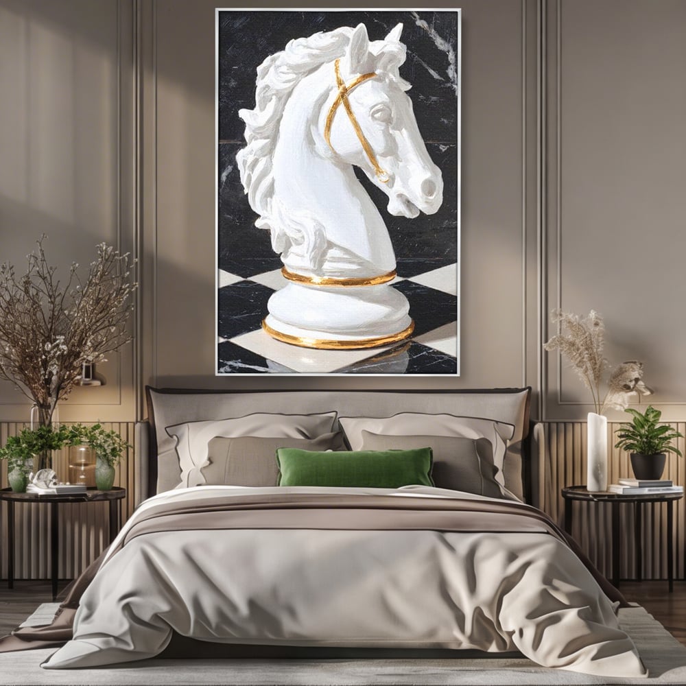 Tablou Canvas Premium, LuxCanva® M1513, O Piesa Nobila, Cal, Piesa, Sah, Joc, Auriu, Statuie, Sculptura, Vintage, Marmura, Dormitor, Birou, Living, Camera Copil