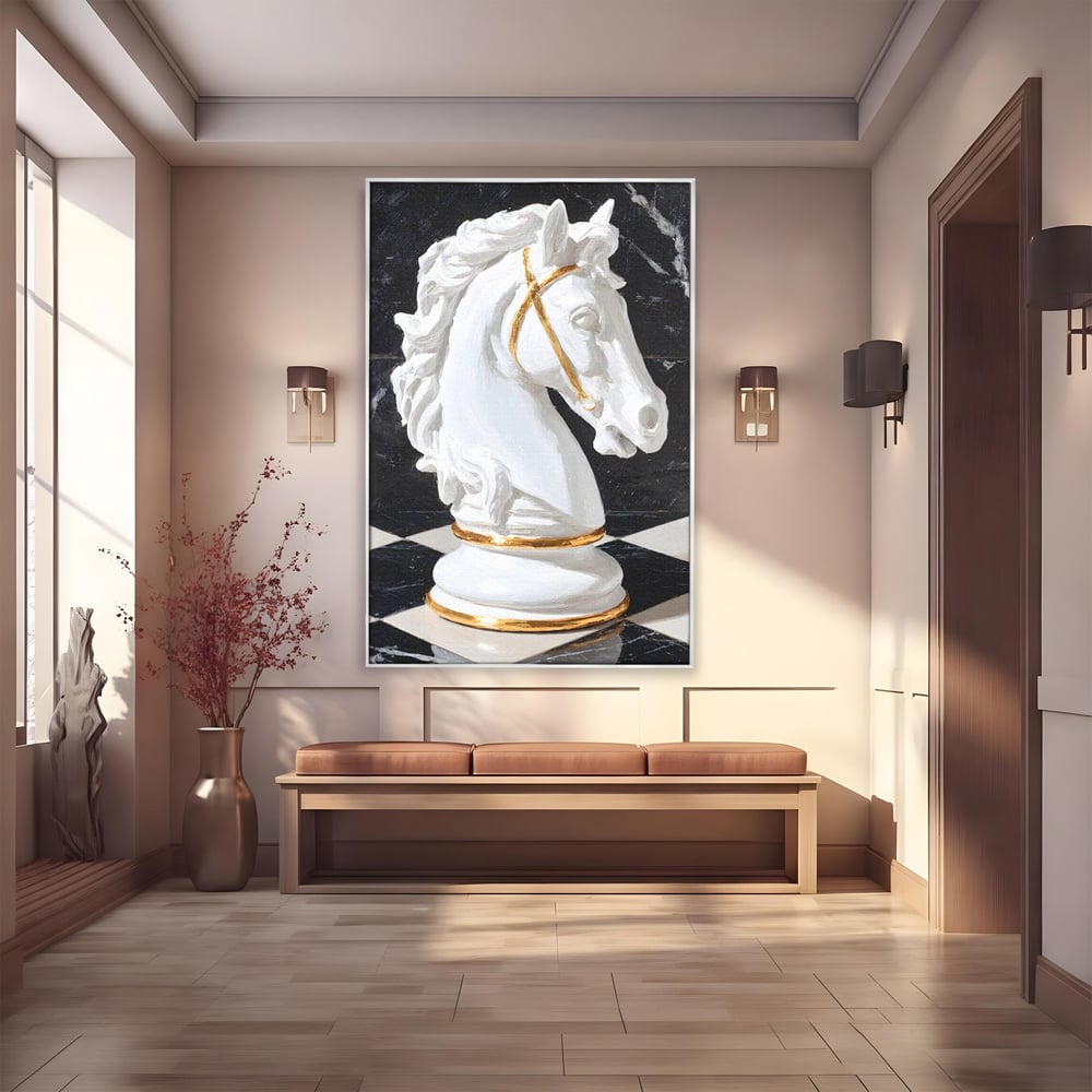 Tablou Canvas Premium, LuxCanva® M1513, O Piesa Nobila, Cal, Piesa, Sah, Joc, Auriu, Statuie, Sculptura, Vintage, Marmura, Dormitor, Birou, Living, Camera Copil